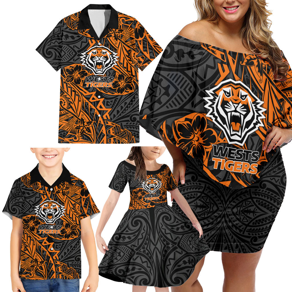 Personalized Wests Tigers Rugby Family Matching Off Shoulder Short Dress and Hawaiian Shirt Polynesian Tribal Tiger Warrior - Orange Black Art