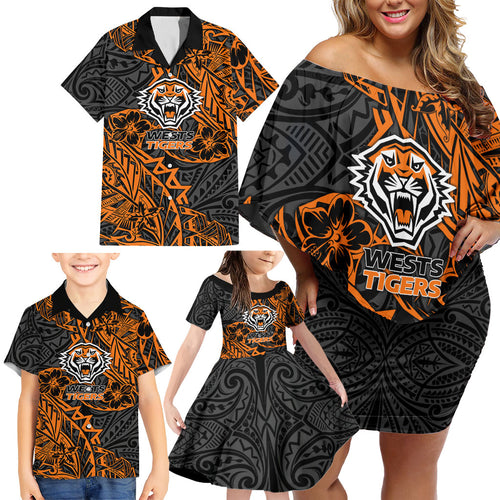 Personalized Wests Tigers Rugby Family Matching Off Shoulder Short Dress and Hawaiian Shirt Polynesian Tribal Tiger Warrior - Orange Black Art