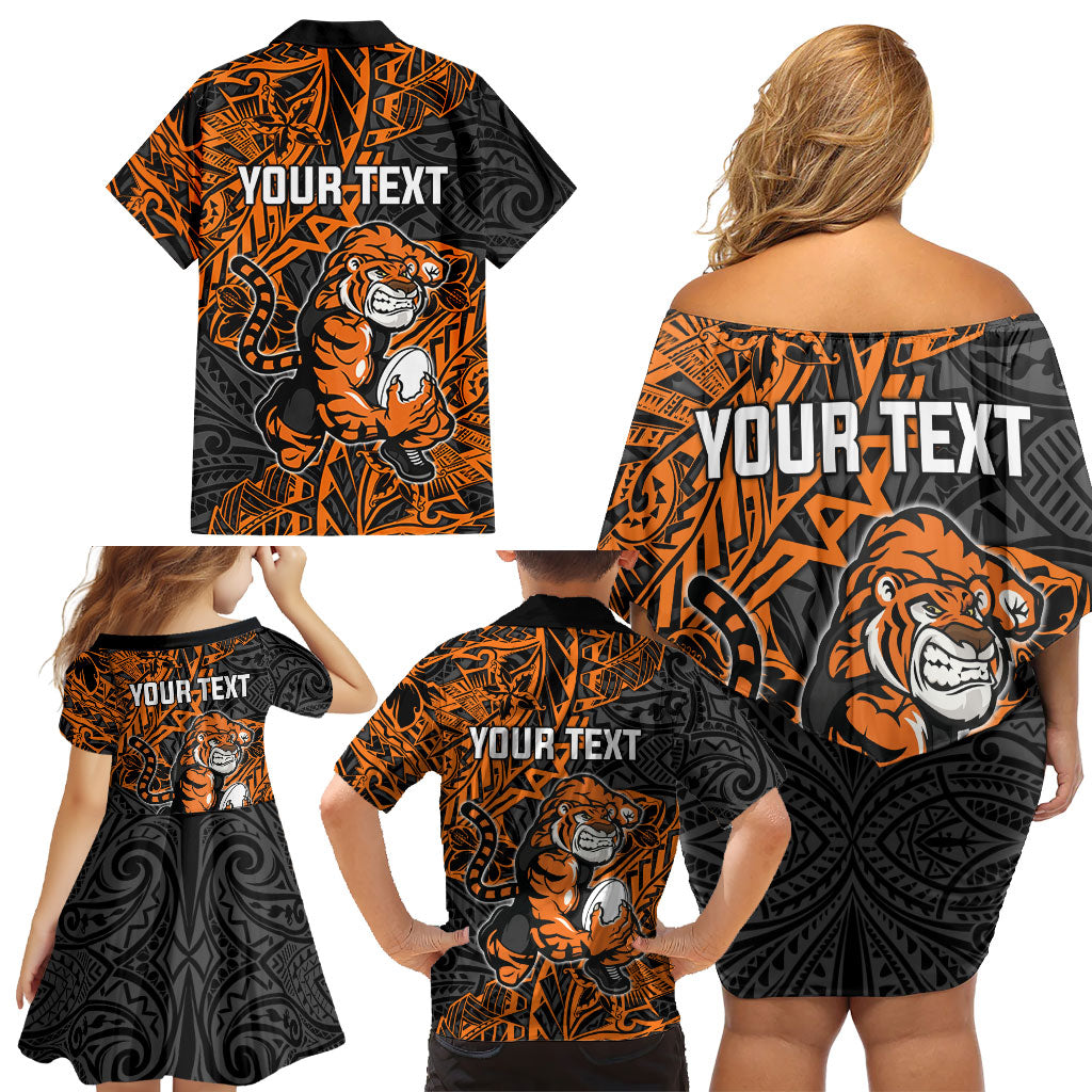 Personalized Wests Tigers Rugby Family Matching Off Shoulder Short Dress and Hawaiian Shirt Polynesian Tribal Tiger Warrior - Orange Black Art