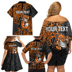 Personalized Wests Tigers Rugby Family Matching Off Shoulder Short Dress and Hawaiian Shirt Polynesian Tribal Tiger Warrior - Orange Black Art