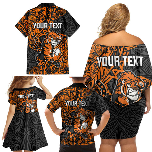 Personalized Wests Tigers Rugby Family Matching Off Shoulder Short Dress and Hawaiian Shirt Polynesian Tribal Tiger Warrior - Orange Black Art