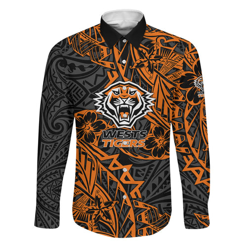 Personalized Wests Tigers Rugby Family Matching Off Shoulder Short Dress and Hawaiian Shirt Polynesian Tribal Tiger Warrior - Orange Black Art