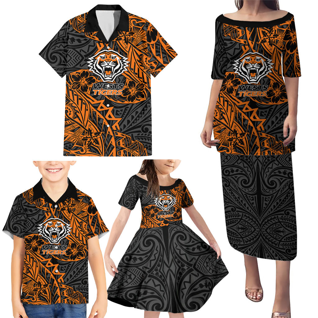 Personalized Wests Tigers Rugby Family Matching Puletasi and Hawaiian Shirt Polynesian Tribal Tiger Warrior - Orange Black Art