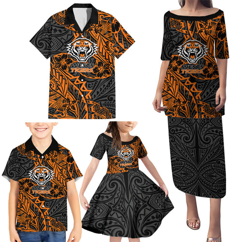 Personalized Wests Tigers Rugby Family Matching Puletasi and Hawaiian Shirt Polynesian Tribal Tiger Warrior - Orange Black Art