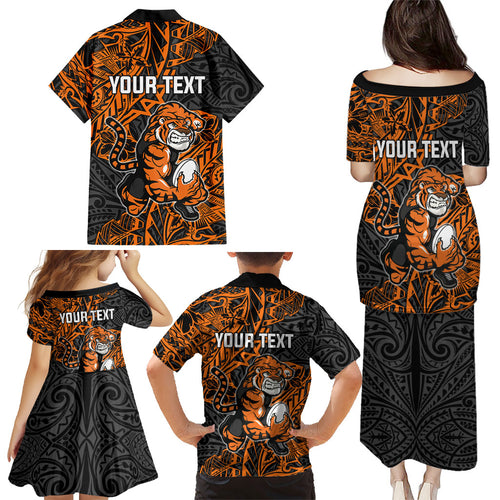 Personalized Wests Tigers Rugby Family Matching Puletasi and Hawaiian Shirt Polynesian Tribal Tiger Warrior - Orange Black Art