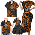 Personalized Wests Tigers Rugby Family Matching Short Sleeve Bodycon Dress and Hawaiian Shirt Polynesian Tribal Tiger Warrior - Orange Black Art