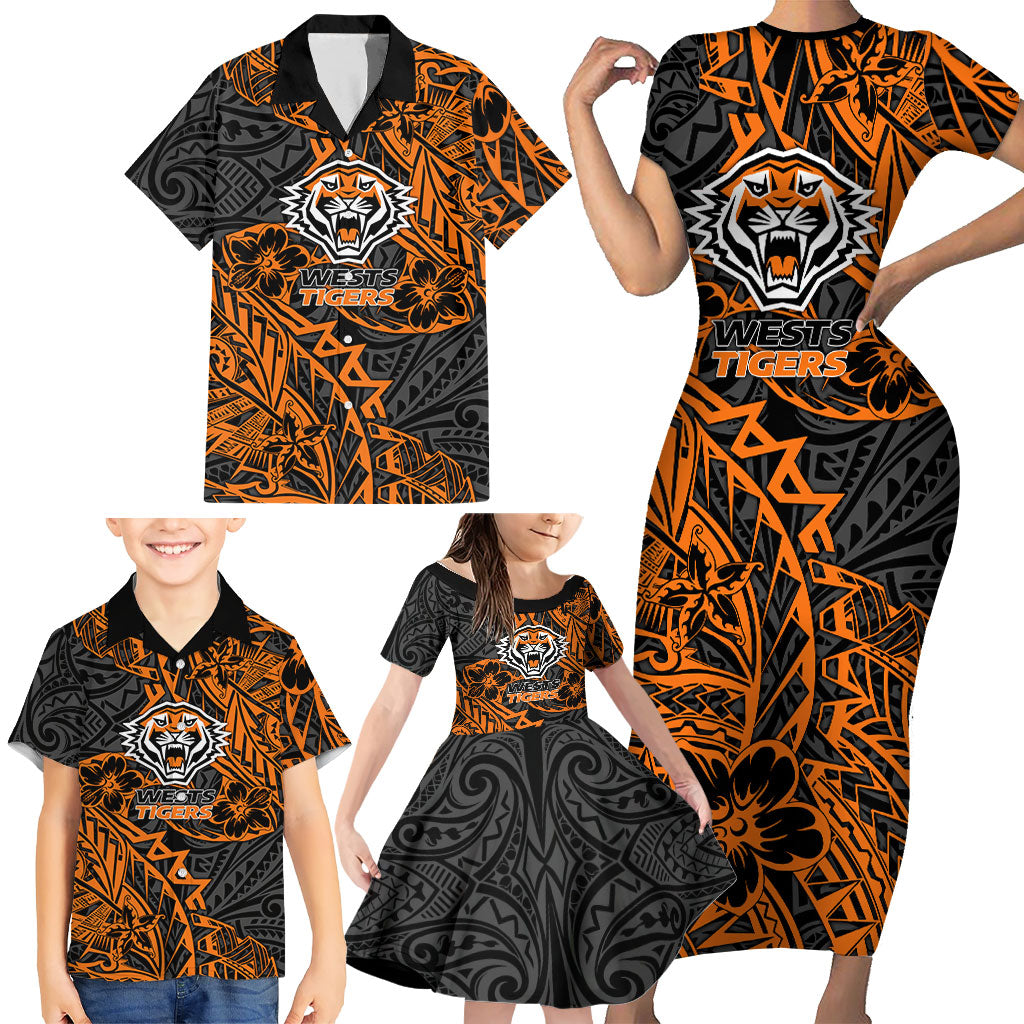 Personalized Wests Tigers Rugby Family Matching Short Sleeve Bodycon Dress and Hawaiian Shirt Polynesian Tribal Tiger Warrior - Orange Black Art