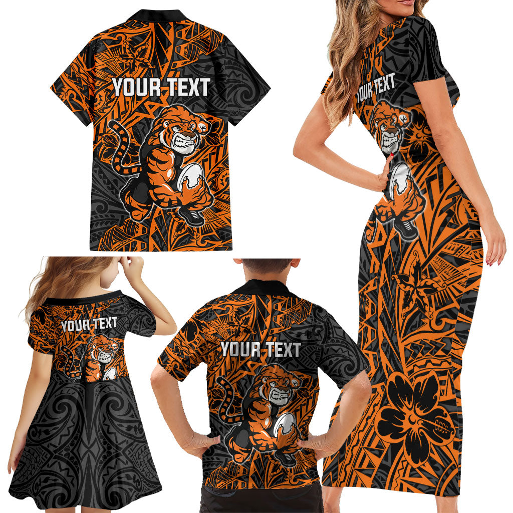 Personalized Wests Tigers Rugby Family Matching Short Sleeve Bodycon Dress and Hawaiian Shirt Polynesian Tribal Tiger Warrior - Orange Black Art