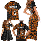 Personalized Wests Tigers Rugby Family Matching Short Sleeve Bodycon Dress and Hawaiian Shirt Polynesian Tribal Tiger Warrior - Orange Black Art