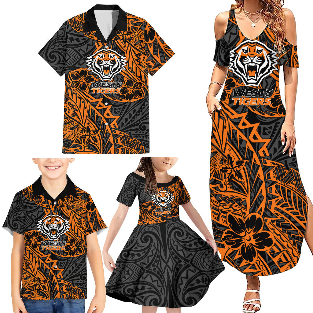 Personalized Wests Tigers Rugby Family Matching Summer Maxi Dress and Hawaiian Shirt Polynesian Tribal Tiger Warrior - Orange Black Art