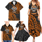 Personalized Wests Tigers Rugby Family Matching Summer Maxi Dress and Hawaiian Shirt Polynesian Tribal Tiger Warrior - Orange Black Art