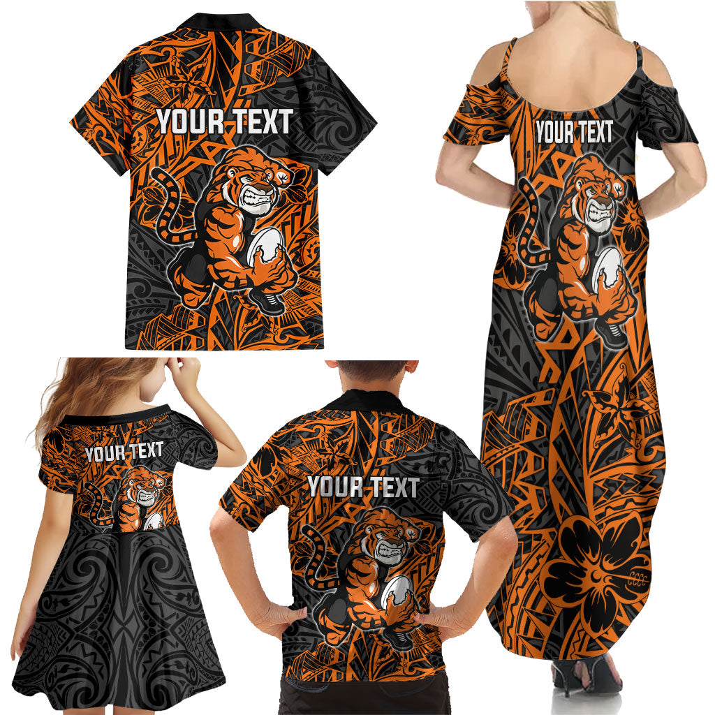 Personalized Wests Tigers Rugby Family Matching Summer Maxi Dress and Hawaiian Shirt Polynesian Tribal Tiger Warrior - Orange Black Art