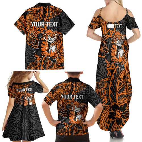 Personalized Wests Tigers Rugby Family Matching Summer Maxi Dress and Hawaiian Shirt Polynesian Tribal Tiger Warrior - Orange Black Art