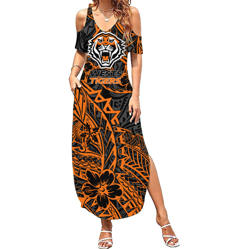 Personalized Wests Tigers Rugby Family Matching Summer Maxi Dress and Hawaiian Shirt Polynesian Tribal Tiger Warrior - Orange Black Art