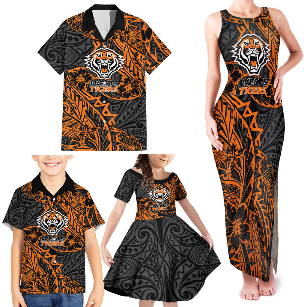 Personalized Wests Tigers Rugby Family Matching Tank Maxi Dress and Hawaiian Shirt Polynesian Tribal Tiger Warrior - Orange Black Art