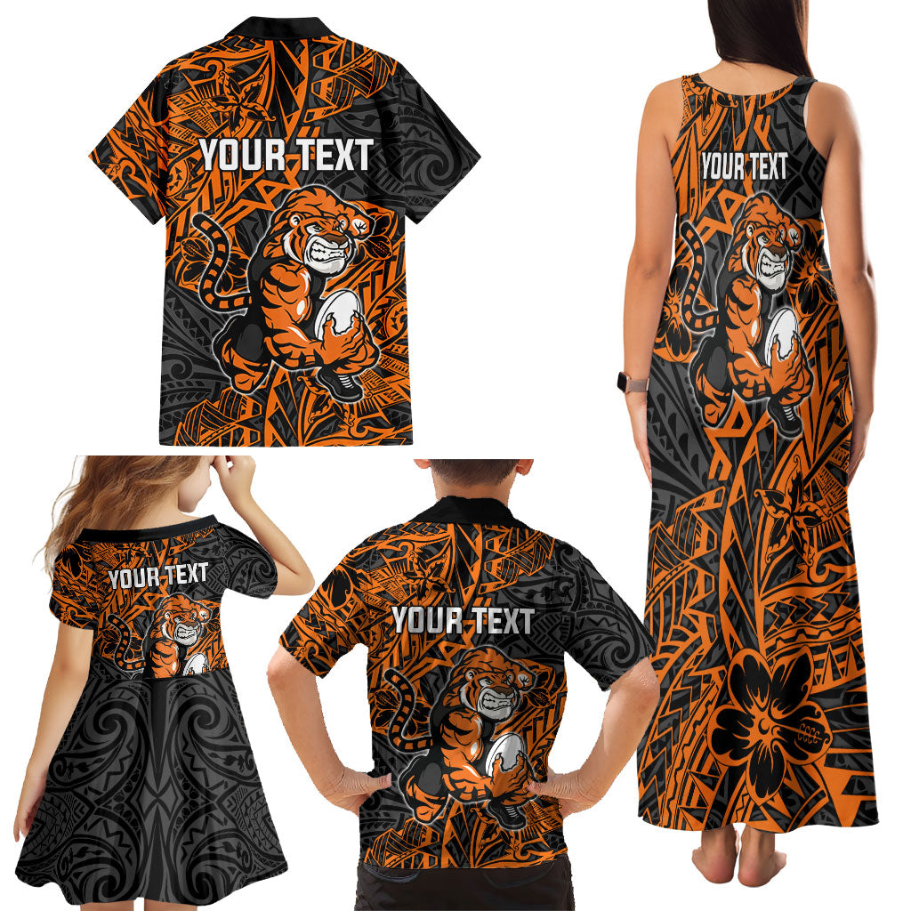 Personalized Wests Tigers Rugby Family Matching Tank Maxi Dress and Hawaiian Shirt Polynesian Tribal Tiger Warrior - Orange Black Art