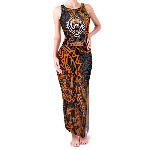 Personalized Wests Tigers Rugby Family Matching Tank Maxi Dress and Hawaiian Shirt Polynesian Tribal Tiger Warrior - Orange Black Art
