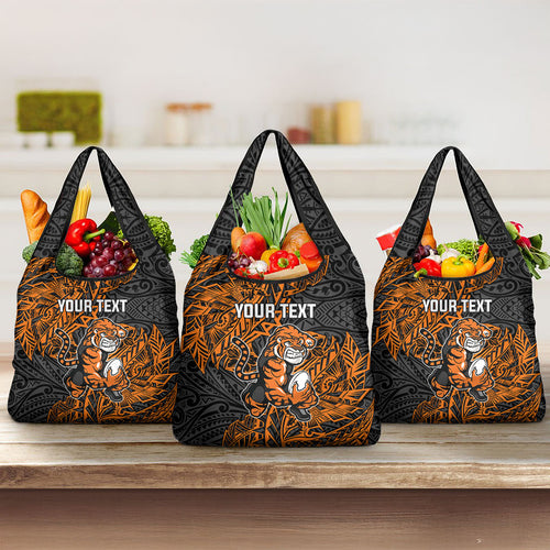 Personalized Wests Tigers Rugby Grocery Bag Polynesian Tribal Tiger Warrior - Orange Black Art