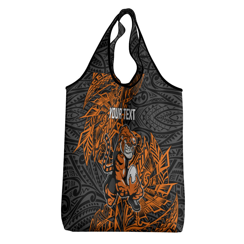 Personalized Wests Tigers Rugby Grocery Bag Polynesian Tribal Tiger Warrior - Orange Black Art
