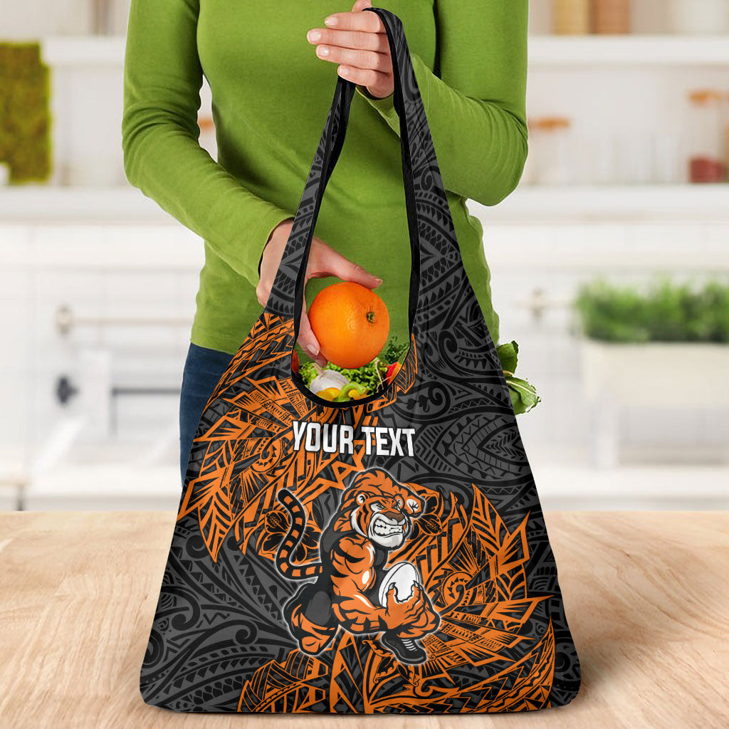 Personalized Wests Tigers Rugby Grocery Bag Polynesian Tribal Tiger Warrior - Orange Black Art