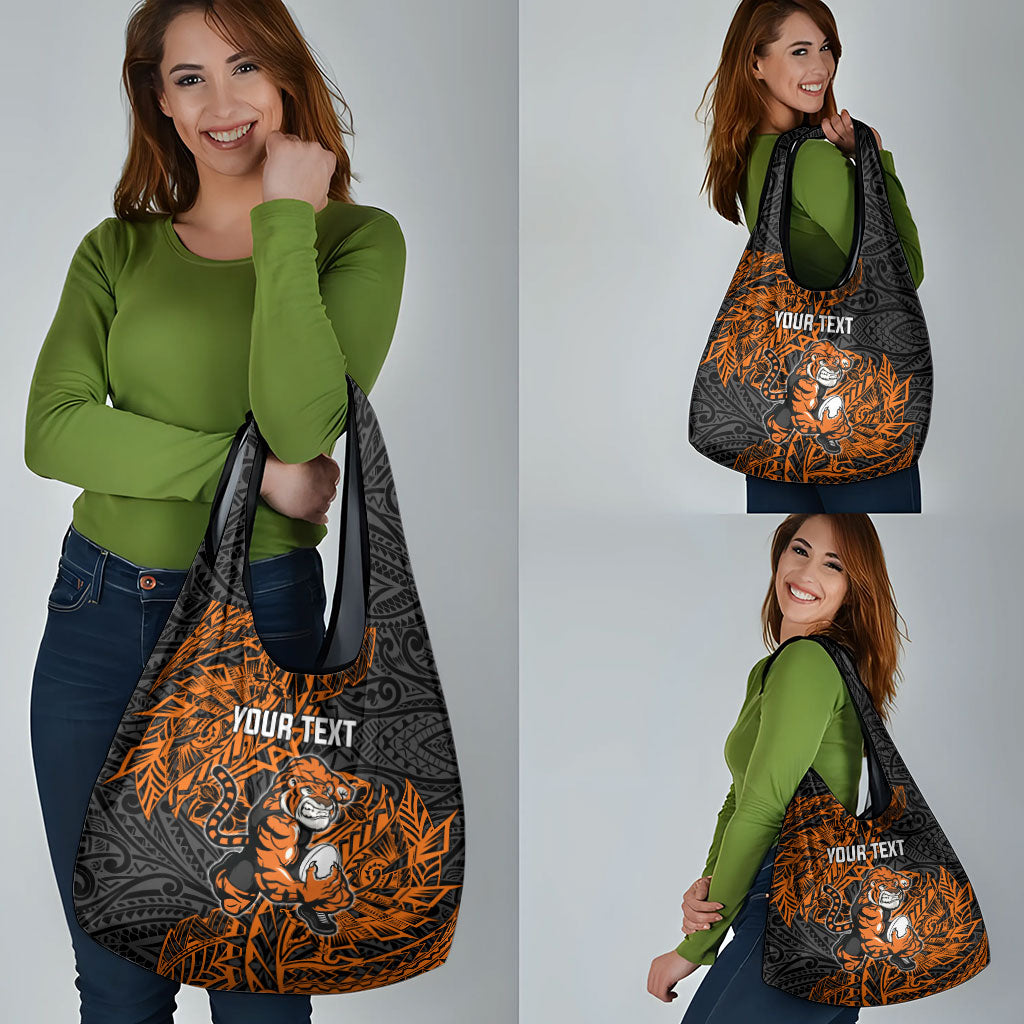 Personalized Wests Tigers Rugby Grocery Bag Polynesian Tribal Tiger Warrior - Orange Black Art