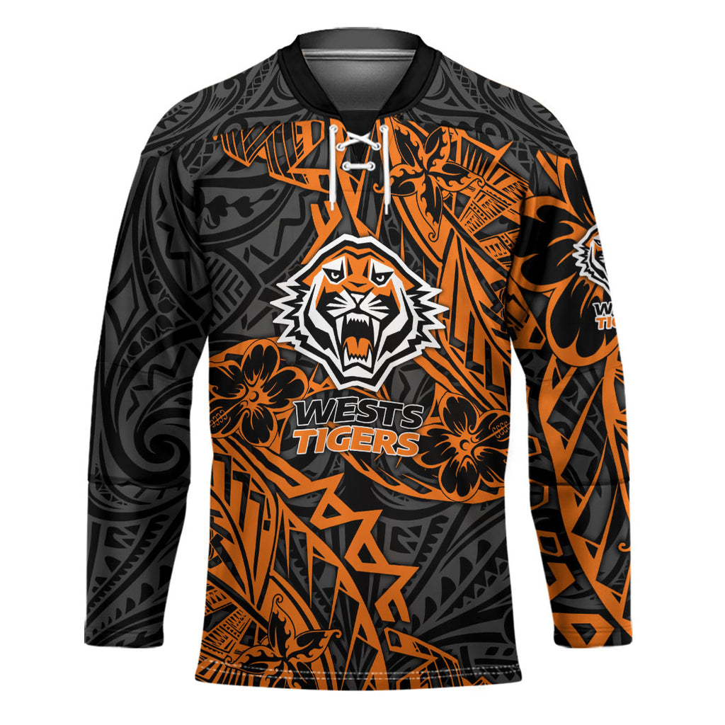 Personalized Wests Tigers Rugby Hockey Jersey Polynesian Tribal Tiger Warrior - Orange Black Art