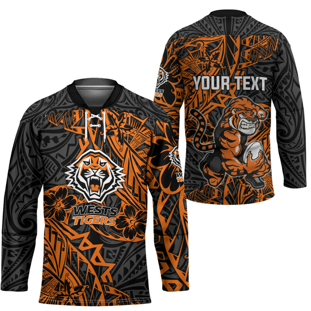 Personalized Wests Tigers Rugby Hockey Jersey Polynesian Tribal Tiger Warrior - Orange Black Art