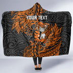 Personalized Wests Tigers Rugby Hooded Blanket Polynesian Tribal Tiger Warrior - Orange Black Art