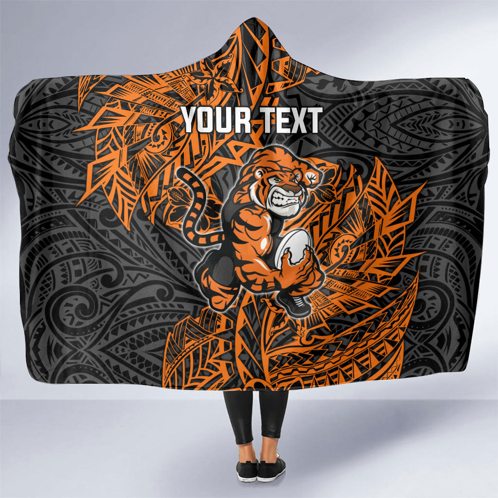 Personalized Wests Tigers Rugby Hooded Blanket Polynesian Tribal Tiger Warrior - Orange Black Art