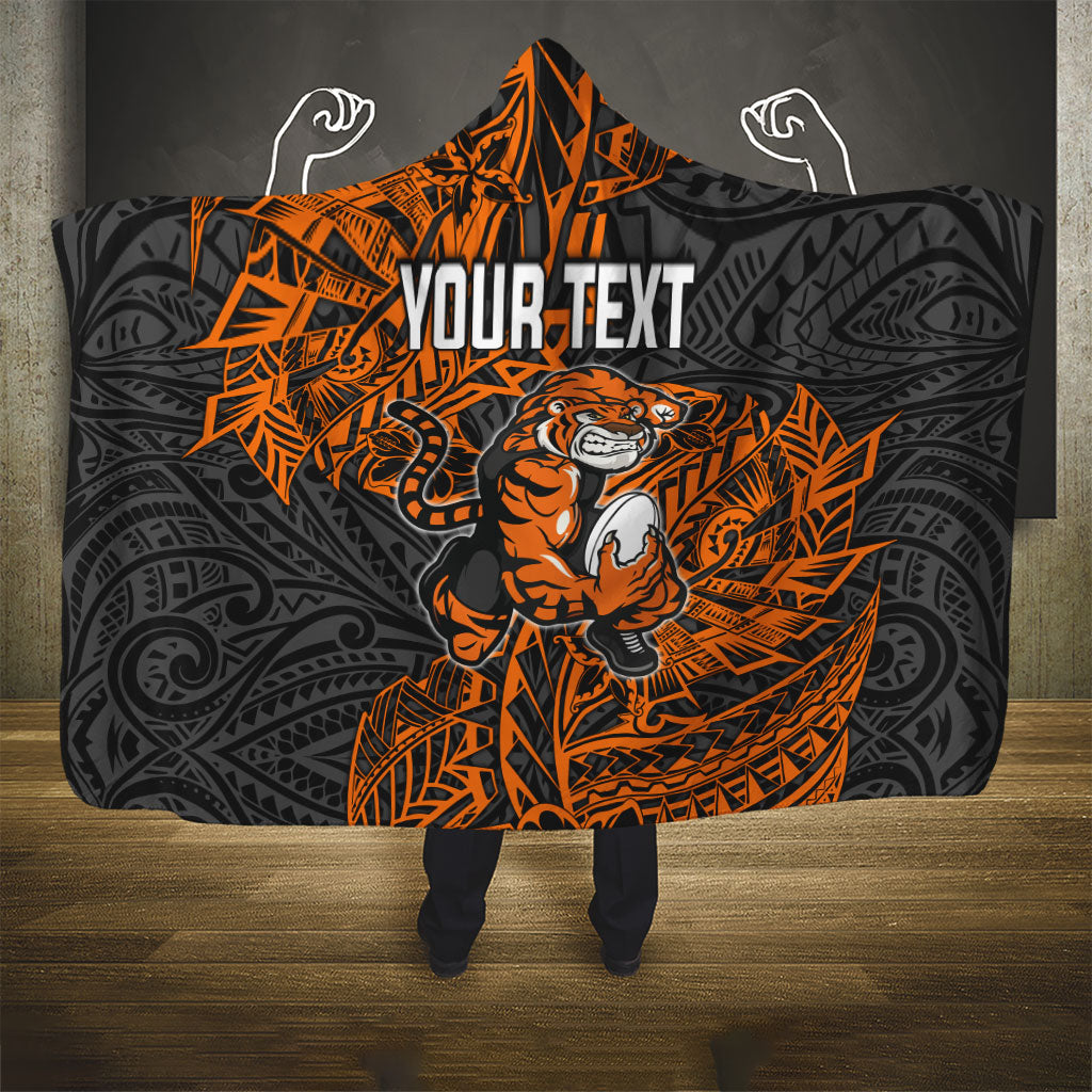 Personalized Wests Tigers Rugby Hooded Blanket Polynesian Tribal Tiger Warrior - Orange Black Art