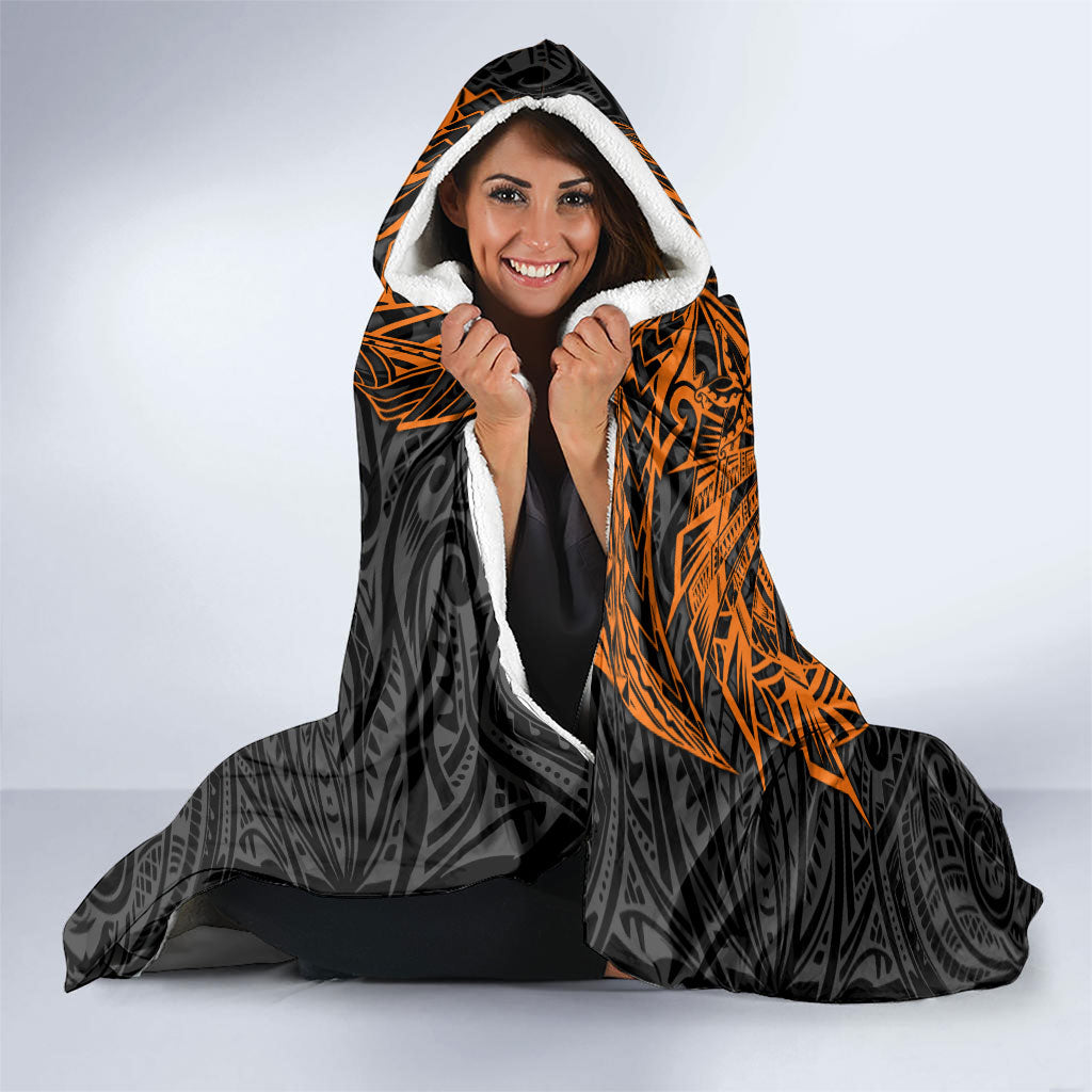 Personalized Wests Tigers Rugby Hooded Blanket Polynesian Tribal Tiger Warrior - Orange Black Art