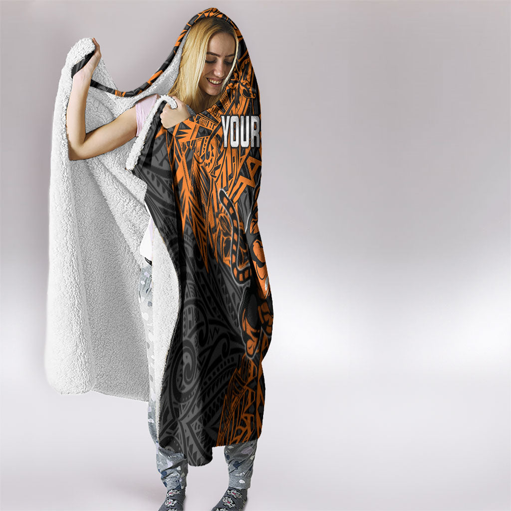 Personalized Wests Tigers Rugby Hooded Blanket Polynesian Tribal Tiger Warrior - Orange Black Art