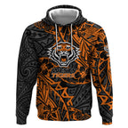 Personalized Wests Tigers Rugby Hoodie Polynesian Tribal Tiger Warrior - Orange Black Art