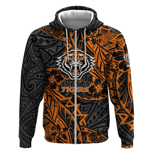 Personalized Wests Tigers Rugby Hoodie Polynesian Tribal Tiger Warrior - Orange Black Art