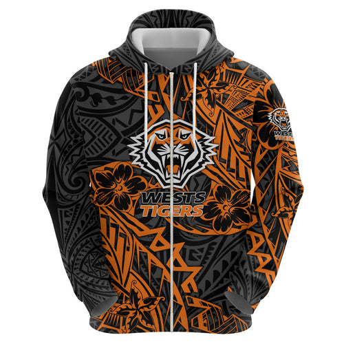 Personalized Wests Tigers Rugby Hoodie Polynesian Tribal Tiger Warrior - Orange Black Art