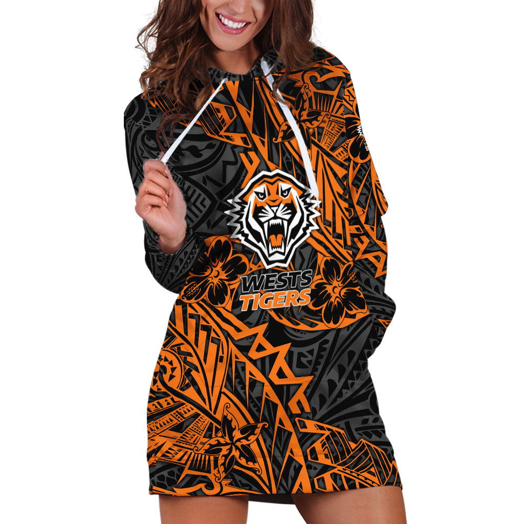 Personalized Wests Tigers Rugby Hoodie Dress Polynesian Tribal Tiger Warrior - Orange Black Art