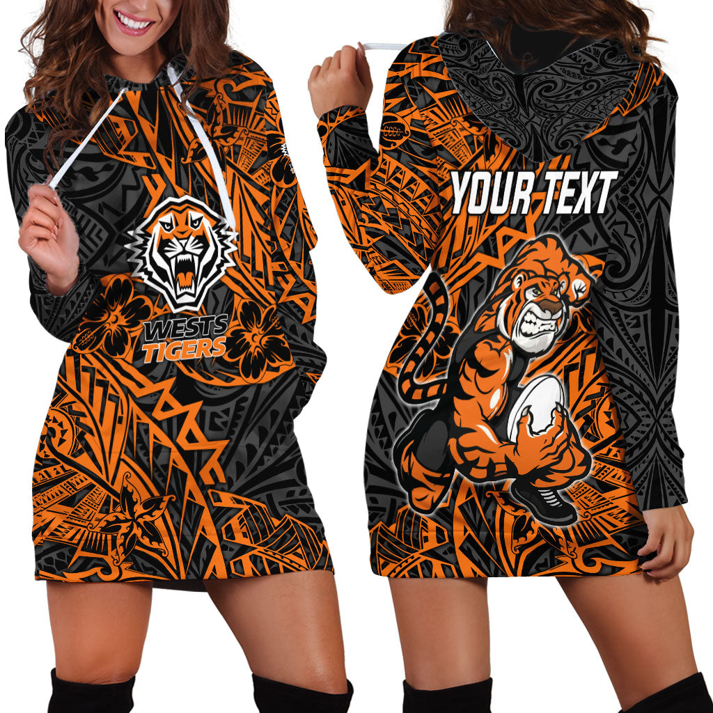 Personalized Wests Tigers Rugby Hoodie Dress Polynesian Tribal Tiger Warrior - Orange Black Art