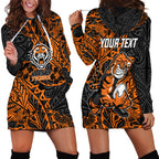 Personalized Wests Tigers Rugby Hoodie Dress Polynesian Tribal Tiger Warrior - Orange Black Art