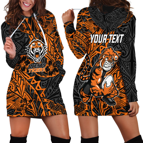 Personalized Wests Tigers Rugby Hoodie Dress Polynesian Tribal Tiger Warrior - Orange Black Art