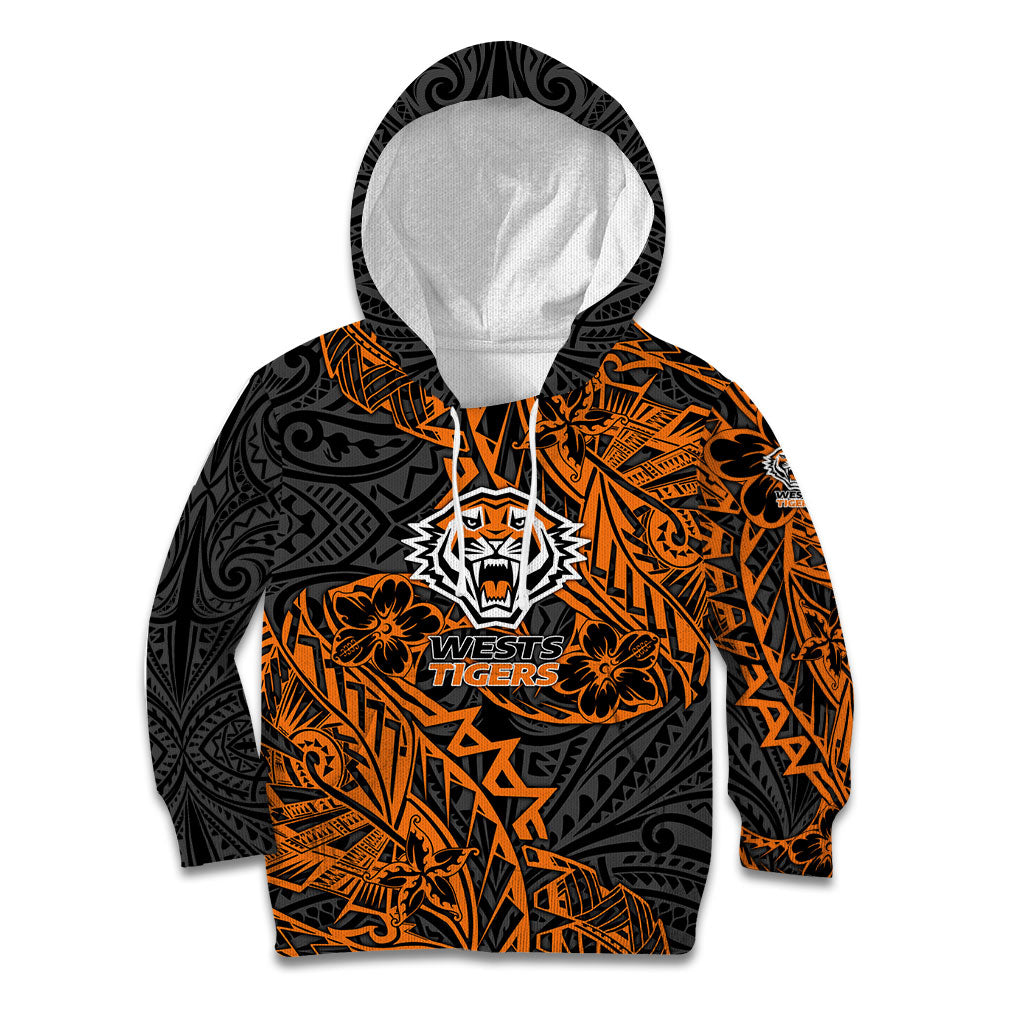 Personalized Wests Tigers Rugby Kid Hoodie Polynesian Tribal Tiger Warrior - Orange Black Art