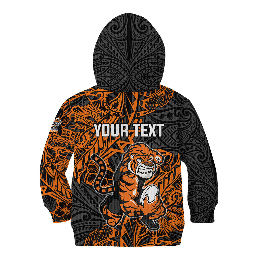 Personalized Wests Tigers Rugby Kid Hoodie Polynesian Tribal Tiger Warrior - Orange Black Art