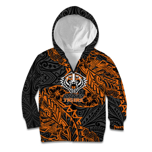 Personalized Wests Tigers Rugby Kid Hoodie Polynesian Tribal Tiger Warrior - Orange Black Art