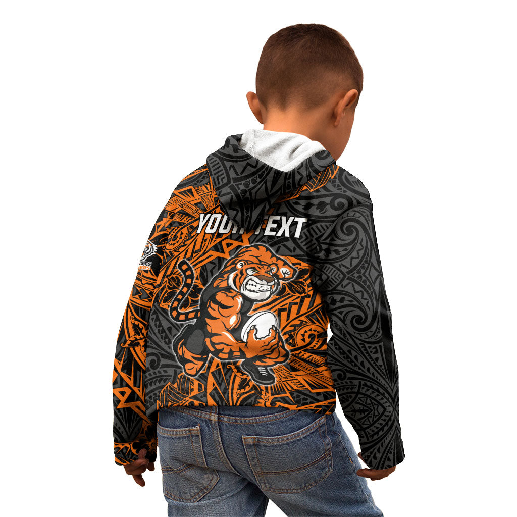 Personalized Wests Tigers Rugby Kid Hoodie Polynesian Tribal Tiger Warrior - Orange Black Art