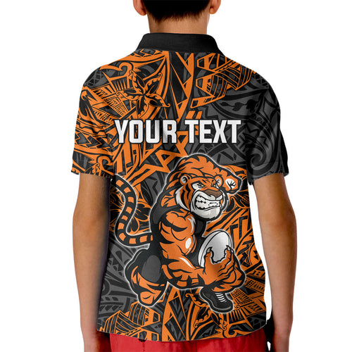 Personalized Wests Tigers Rugby Kid Polo Shirt Polynesian Tribal Tiger Warrior - Orange Black Art