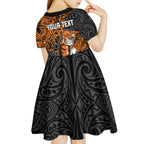 Personalized Wests Tigers Rugby Kid Short Sleeve Dress Polynesian Tribal Tiger Warrior - Orange Black Art
