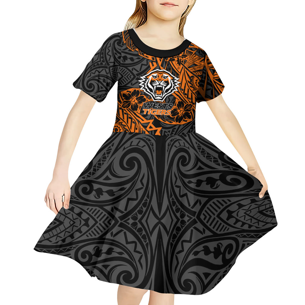 Personalized Wests Tigers Rugby Kid Short Sleeve Dress Polynesian Tribal Tiger Warrior - Orange Black Art