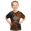 Personalized Wests Tigers Rugby Kid T Shirt Polynesian Tribal Tiger Warrior - Orange Black Art