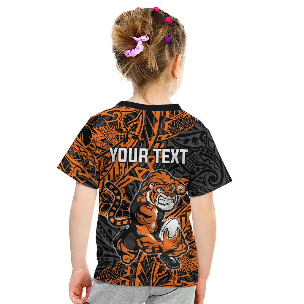 Personalized Wests Tigers Rugby Kid T Shirt Polynesian Tribal Tiger Warrior - Orange Black Art