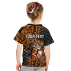 Personalized Wests Tigers Rugby Kid T Shirt Polynesian Tribal Tiger Warrior - Orange Black Art