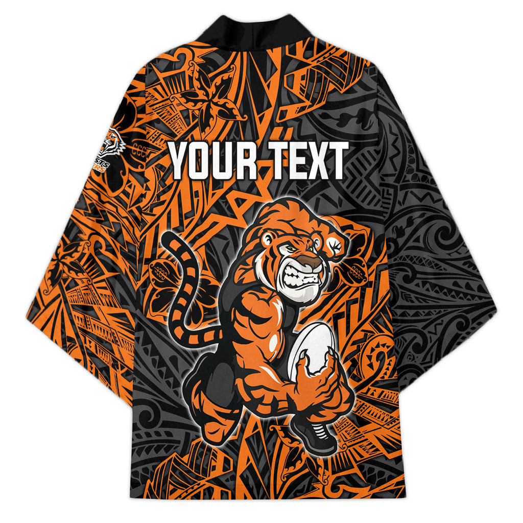 Personalized Wests Tigers Rugby Kimono Polynesian Tribal Tiger Warrior - Orange Black Art